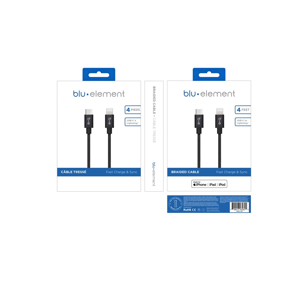 Câble tressé de charge/synchronisation USB-C vers Lightning Blu Element 4 pieds Noir