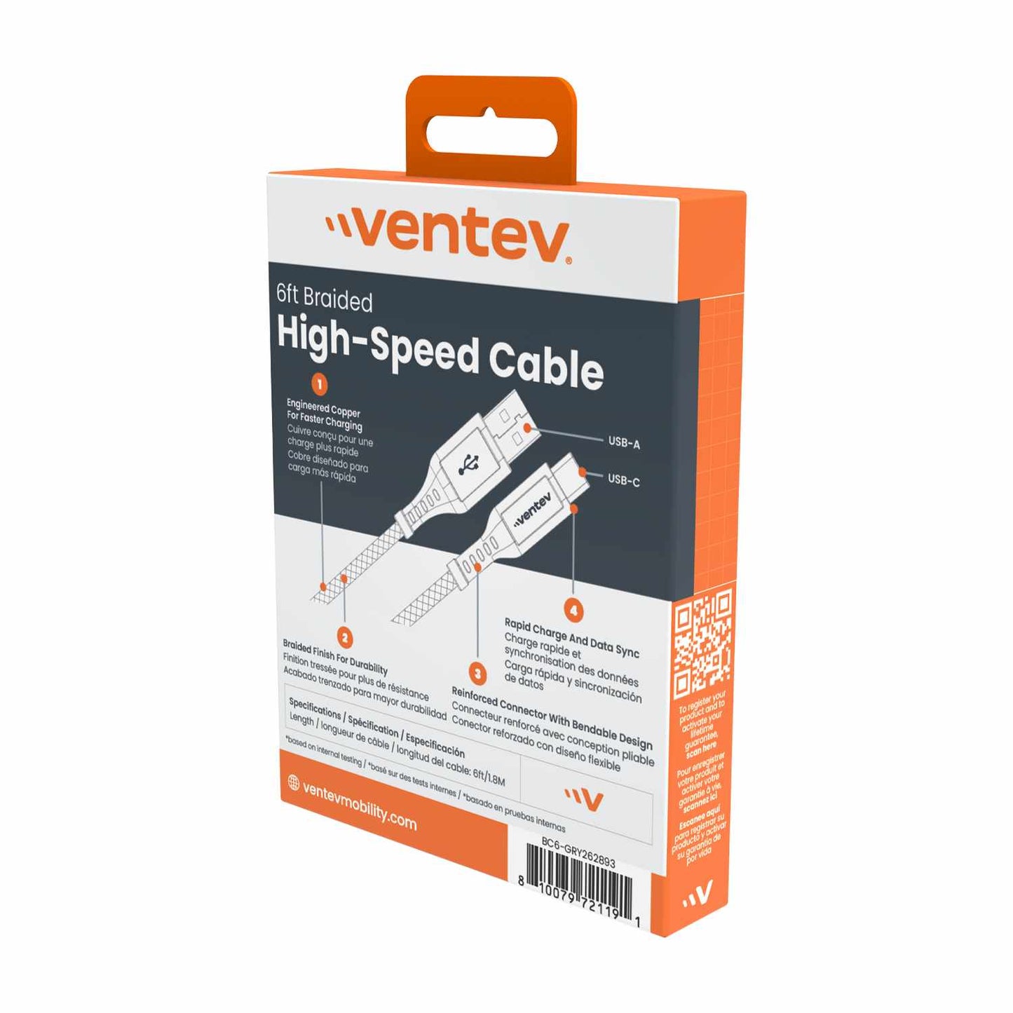 Ventev High Speed USB-A to USB-C Braided Cable 6ft Grey