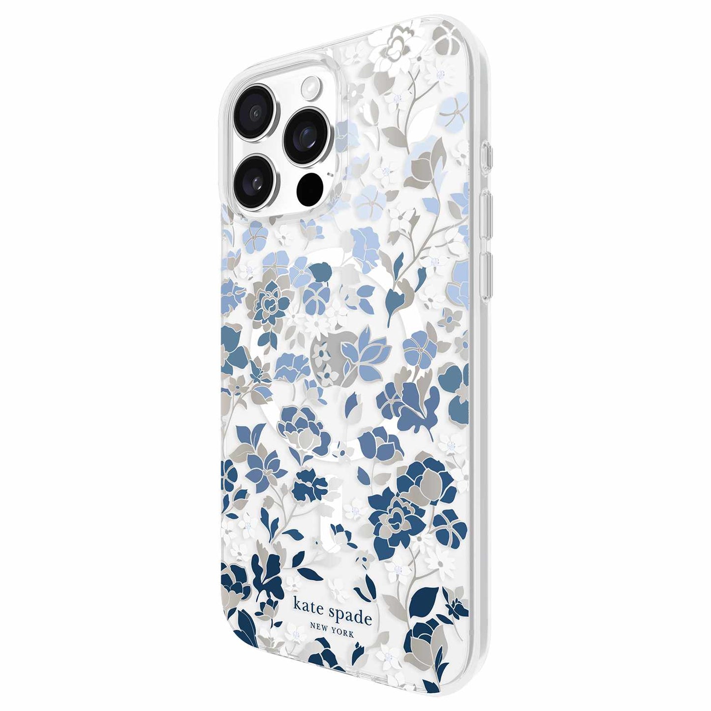 Kate Spade Protective Hardshell Case w/MagSafe Flowerbed Blue with Gems for iPhone 16 Pro Max